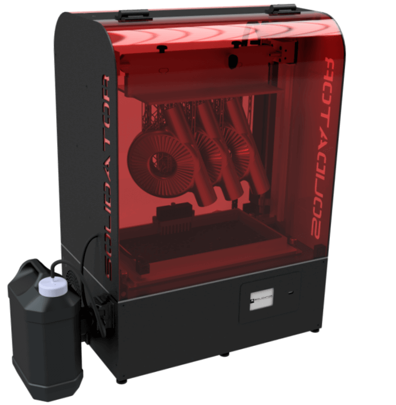 Solidator 3+ 3D-Drucker mit geschlossener Haube und aus Harz gedruckten CAD-Objekten